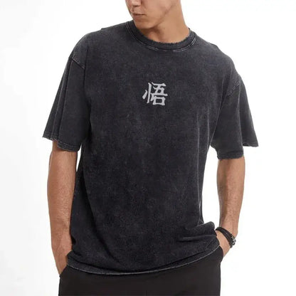 Black distressed cotton dragon ball goku t-shirt with white embroidered chinese characters on the chest