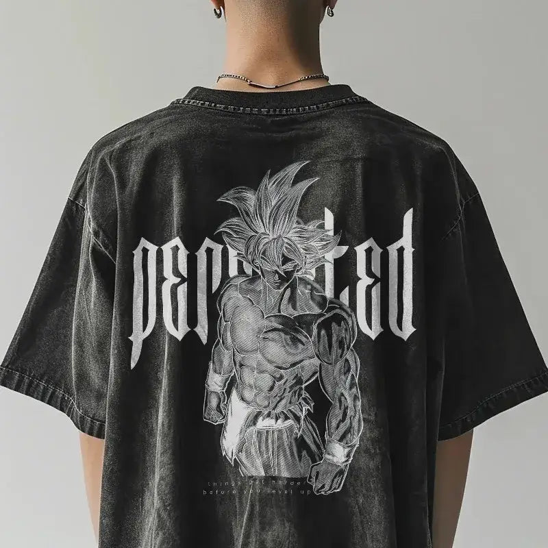 Black distressed cotton t-shirt featuring dragon ball goku graphic with perfected text in stylized lettering