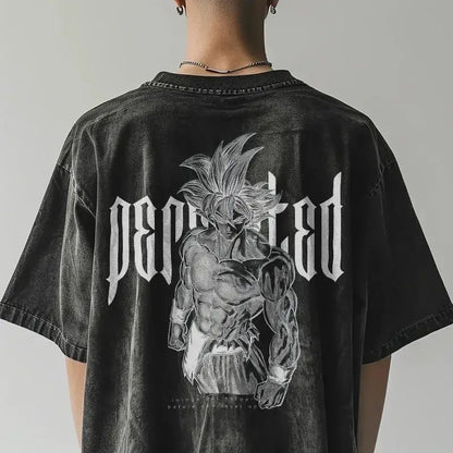 Black distressed cotton t-shirt featuring dragon ball goku graphic with perfected text in stylized lettering