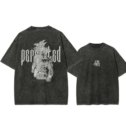 Black distressed cotton dragon ball goku t-shirt with white graphic of goku and perpetual with chinese character悟
