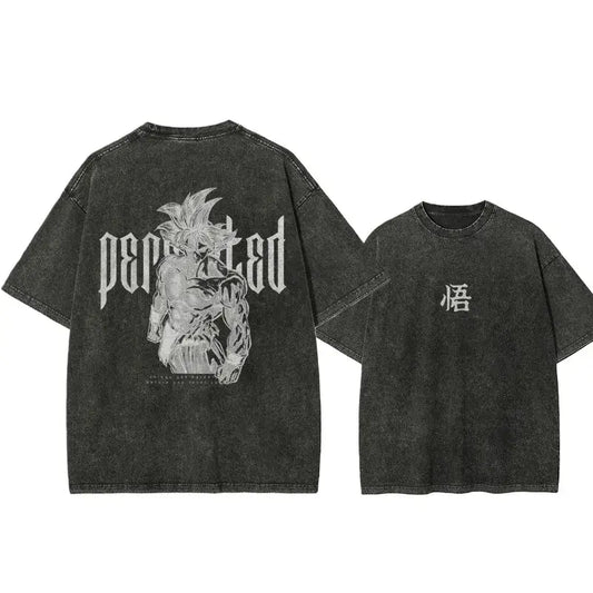 Black distressed cotton dragon ball goku t-shirt with white graphic of goku and perpetual with chinese character悟