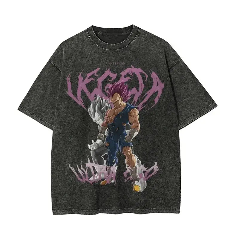 Black distressed cotton dragon ball goku t-shirt with vibrant purple blue vegeta super saiyan graphic and vegeta text