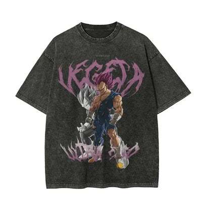 Black distressed cotton dragon ball goku t-shirt with vibrant purple blue vegeta super saiyan graphic and vegeta text
