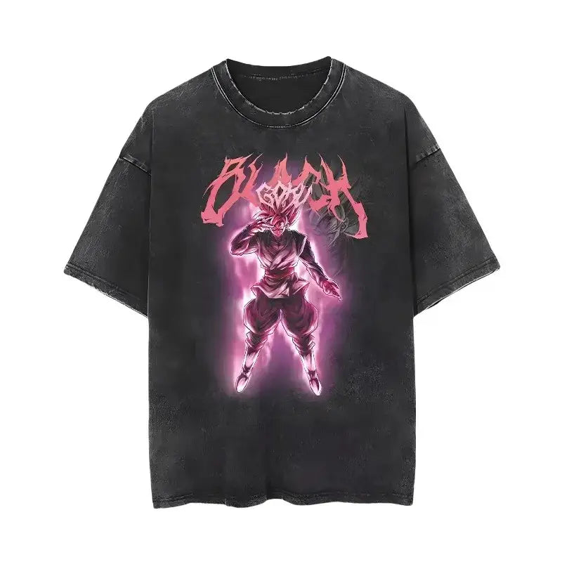 Black distressed cotton Dragon Ball Goku t-shirt with vibrant pink and purple super saiyan blue graphic