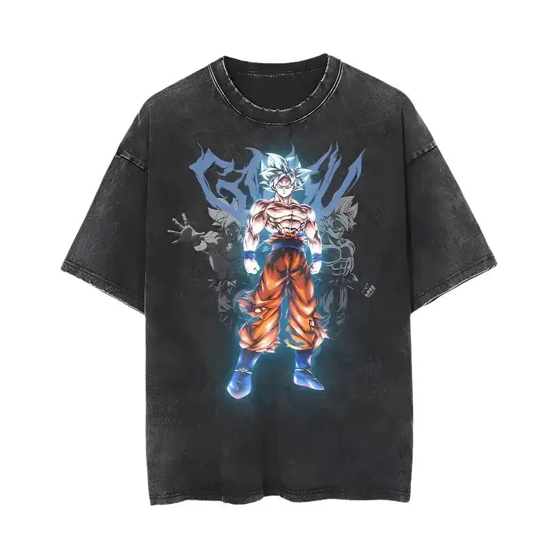 Black distressed cotton dragon ball goku t-shirt with vibrant super saiyan goku graphic and blue energy effects