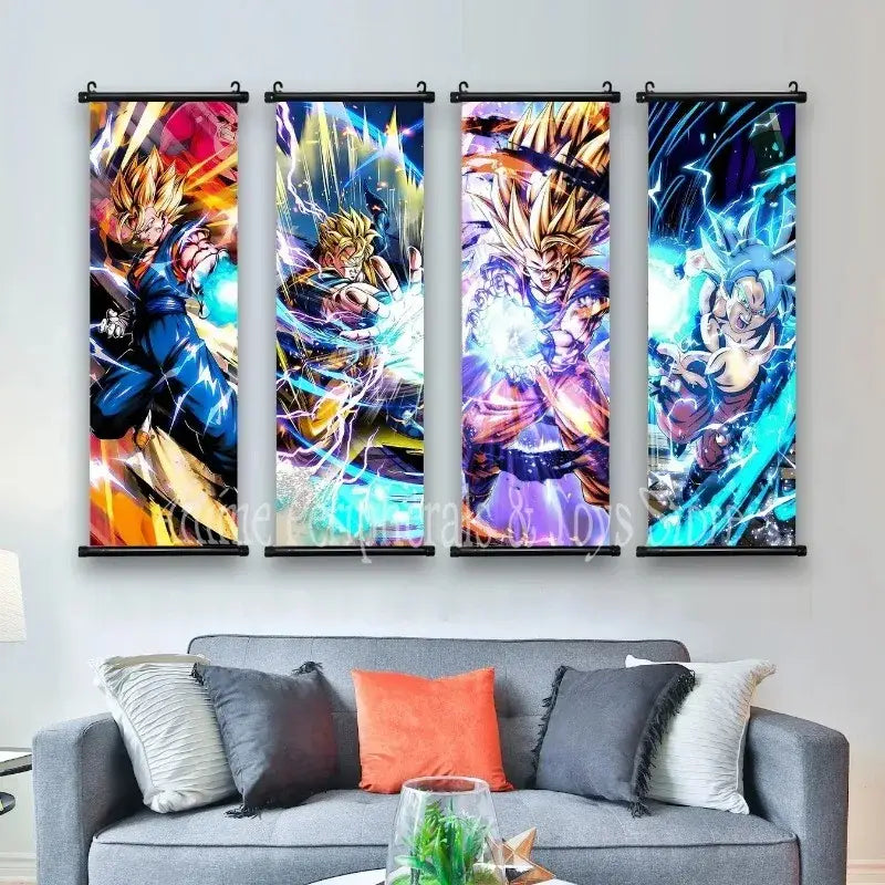 Four vibrant dragon ball goku and vegeta canvas scroll posters featuring dynamic super saiyan energy effects and bold colors