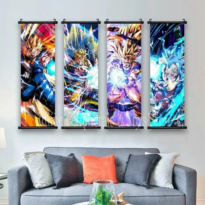 Four vibrant dragon ball goku and vegeta canvas scroll posters featuring dynamic super saiyan energy effects and bold colors
