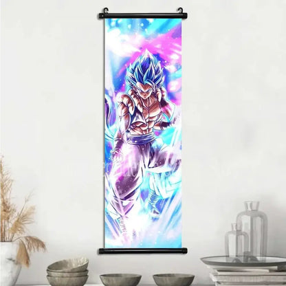 Vibrant vegeta canvas scroll featuring a blue-haired muscular character in dynamic pose for dragon ball wall art