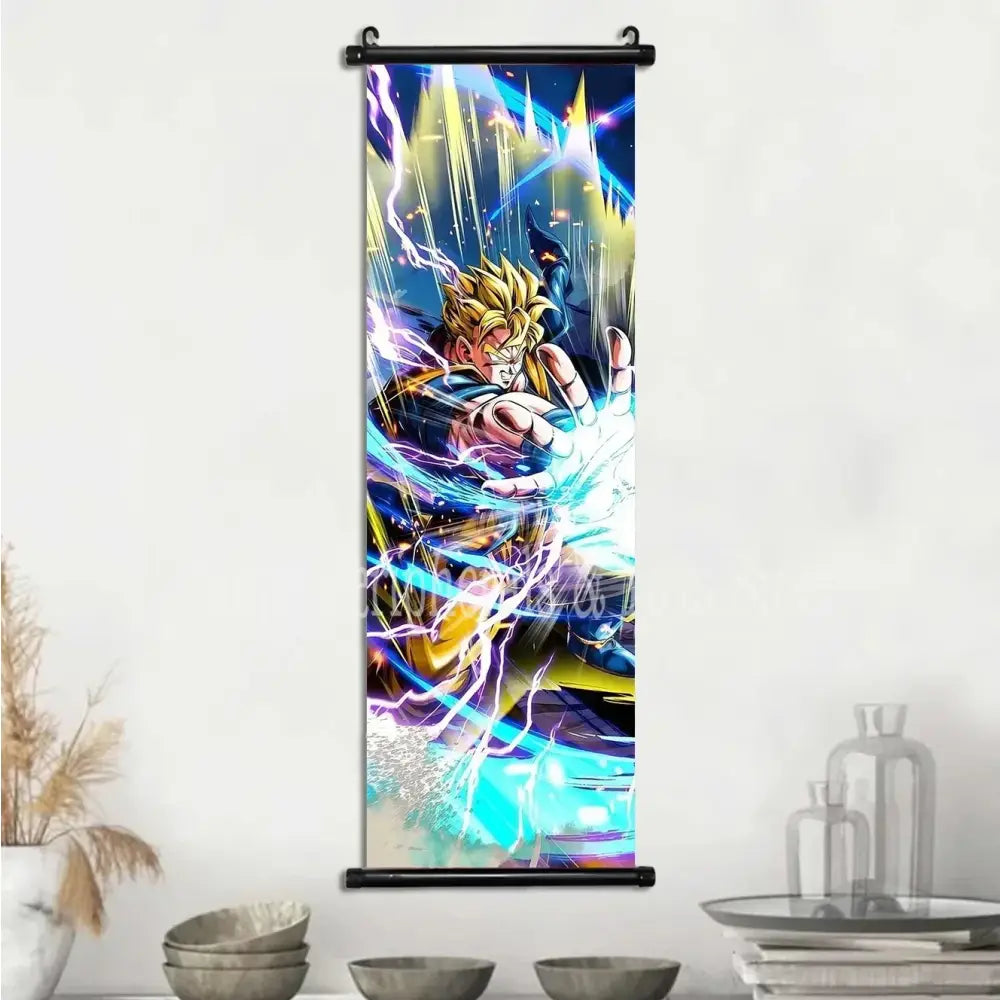 Vibrant dragon ball vegeta canvas scroll featuring golden-haired character in dynamic combat with blue and purple energy effects