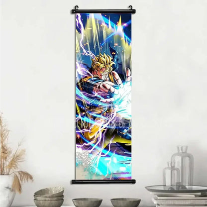 Vibrant dragon ball vegeta canvas scroll featuring golden-haired character in dynamic combat with blue and purple energy effects