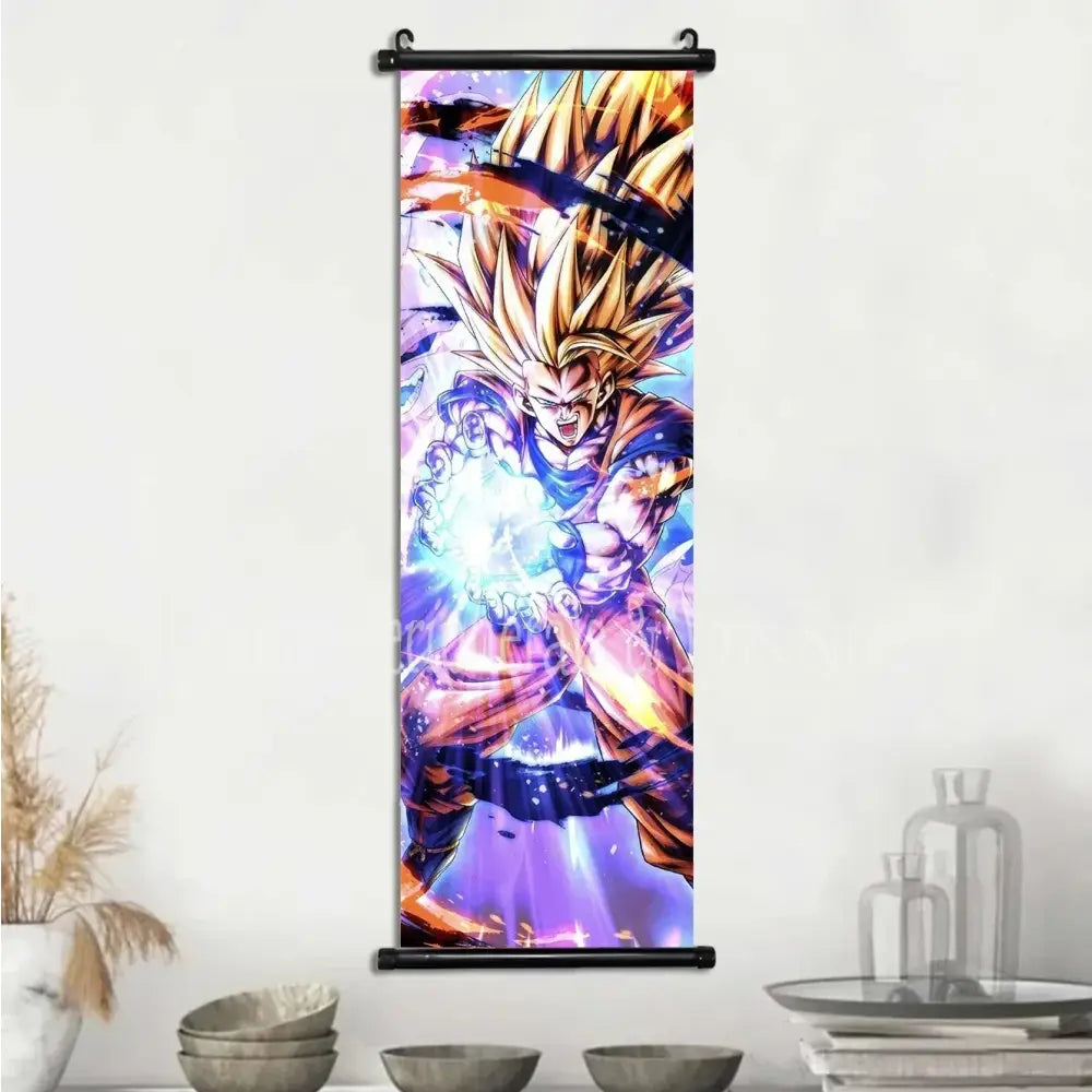 Vibrant dragon ball goku and vegeta canvas scroll featuring goku in super saiyan with golden hair and energy blast