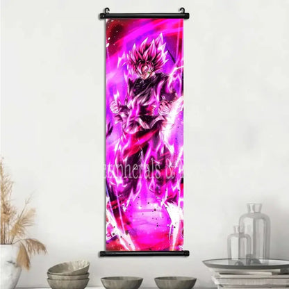 Vibrant pink and purple dragon ball vegeta canvas scroll featuring spiky-haired character in energetic pose anime wall art