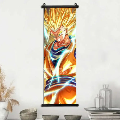Dragon ball goku and vegeta canvas scroll featuring vibrant orange and blue super saiyan goku with dynamic energy effects