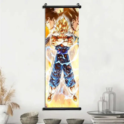 Dragon ball goku and vegeta canvas scroll featuring goku in super saiyan form with golden hair and blue gi with lightning patterns
