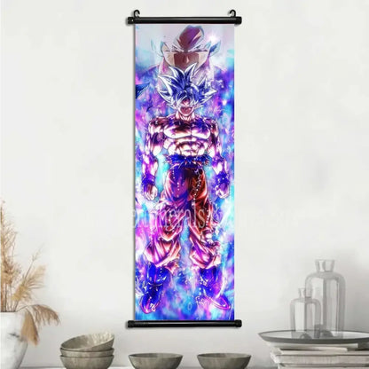 Vibrant dragon ball goku wall scroll with glowing blue and purple aura featuring silver hair in red gi vegeta canvas scroll