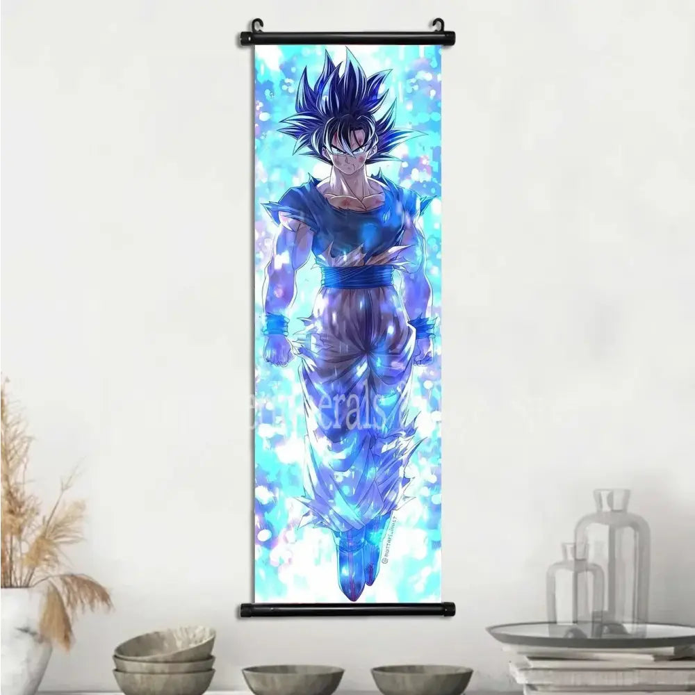 Blue and purple dragon ball vegeta canvas scroll featuring goku super saiyan blue on black scroll frame wall art
