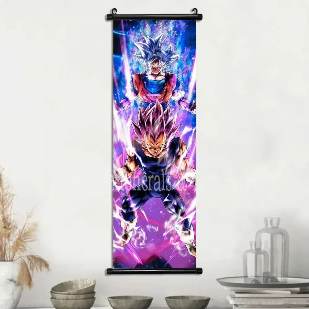Vibrant dragon ball goku and vegeta canvas scroll featuring super saiyan forms with dynamic energy effects