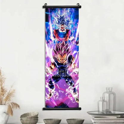 Vibrant dragon ball goku and vegeta canvas scroll featuring super saiyan forms with dynamic energy effects