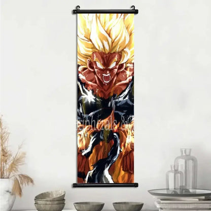 Dragon ball goku and vegeta canvas scroll featuring intense golden haired character printed on vibrant canvas wall art