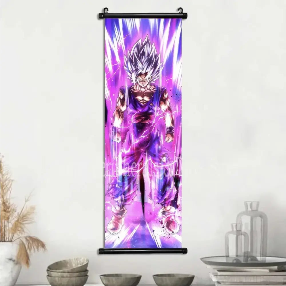 Vibrant purple and white dragon ball vegeta canvas scroll featuring spiky-haired warrior with electric energy effects