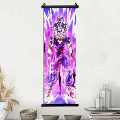 Vibrant purple and white dragon ball vegeta canvas scroll featuring spiky-haired warrior with electric energy effects
