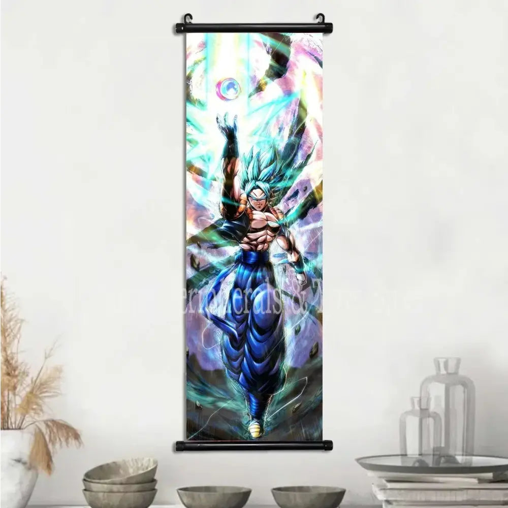 Dragon ball vegeta canvas scroll featuring a spiky blue hair character with glowing cyan aura in anime wall art style