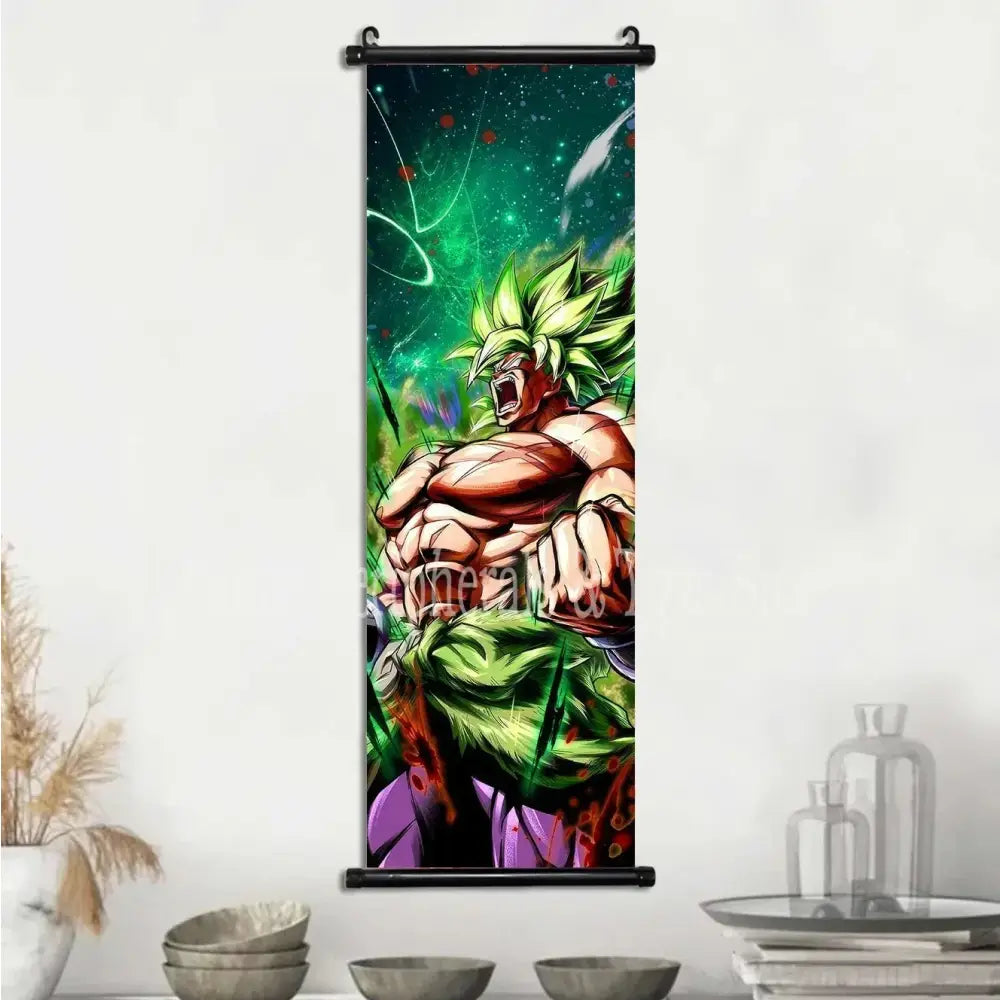 Vibrant green and purple vegeta canvas scroll featuring muscular dragon ball characters goku and vegeta against cosmic backdrop
