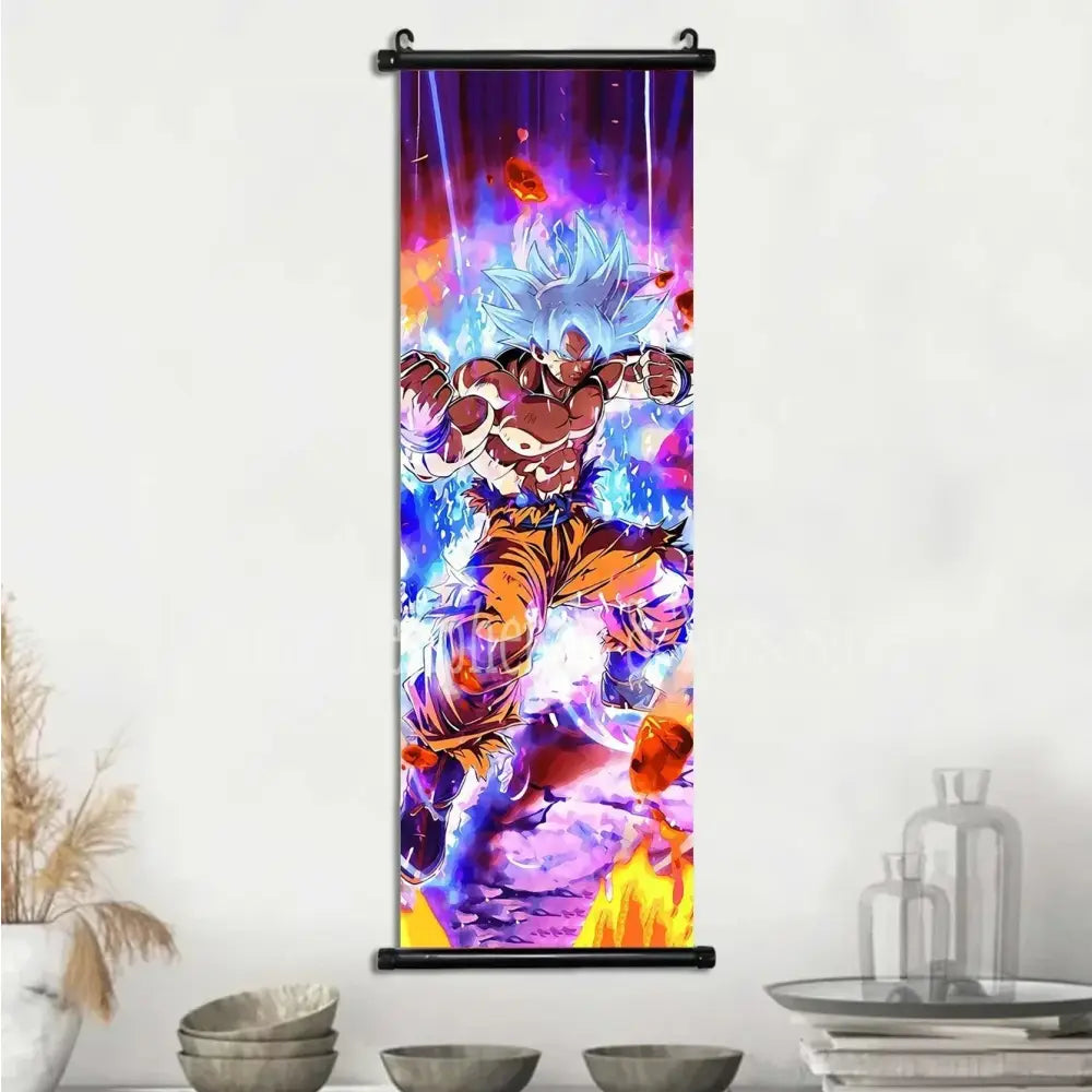 Vibrant dragon ball goku super saiyan blue canvas scroll with glowing blue hair and energy bursts for anime wall art