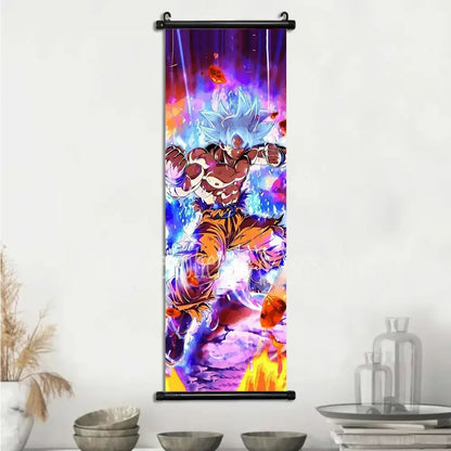 Vibrant dragon ball goku super saiyan blue canvas scroll with glowing blue hair and energy bursts for anime wall art