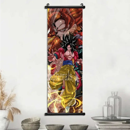 Vibrant anime-style dragon ball goku and vegeta canvas scroll with goku in super saiyan form and fiery background