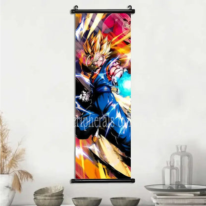 Dragon ball vegeta canvas scroll featuring vegito in super saiyan form with vibrant colors and dynamic energy effects