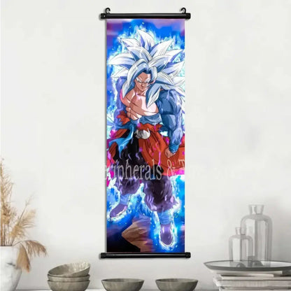 Dragon ball goku super saiyan blue canvas scroll with dynamic blue energy effects and vivid purple background wall art