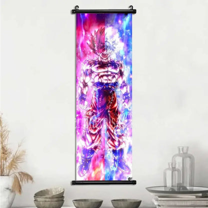 Vibrant dragon ball goku and vegeta canvas scroll featuring super saiyan goku with pink and blue cosmic energy design