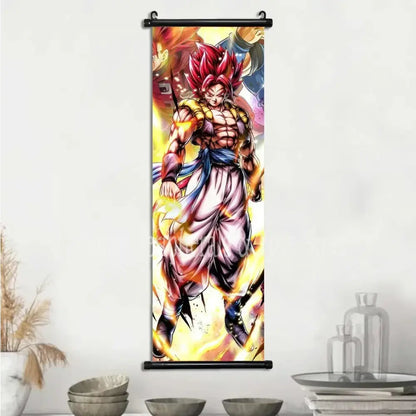 Vibrant dragon ball goku canvas scroll with super saiyan god fiery hair and glowing aura for anime wall art