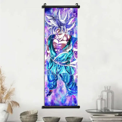 Vibrant dragon ball goku and vegeta canvas scroll featuring super saiyan blue goku with cosmic purple and blue background