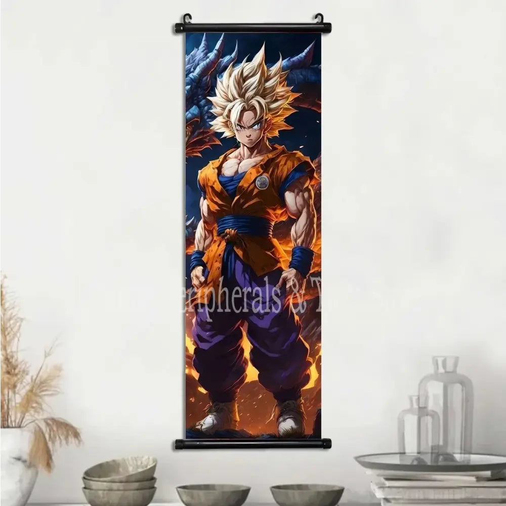 Vibrant dragon ball goku super saiyan canvas scroll with golden hair and orange gi for anime wall art vegeta canvas scroll