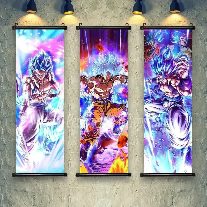 Three vibrant dragon ball goku and vegeta canvas scrolls in super saiyan blue with dynamic energy and bold colors