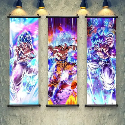 Three vibrant dragon ball goku and vegeta canvas scrolls in super saiyan blue with dynamic energy and bold colors