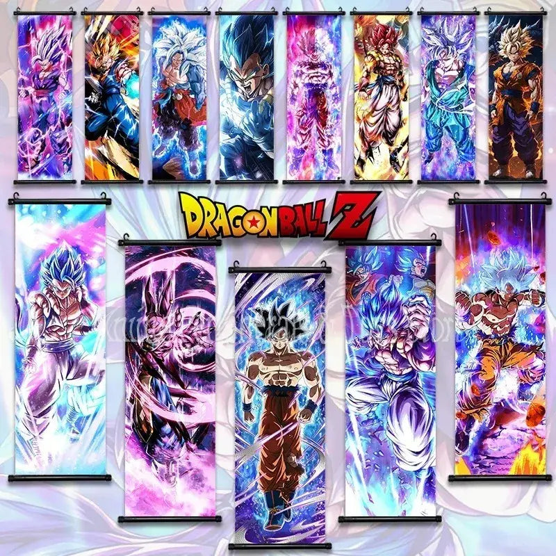 Vibrant dragon ball goku and vegeta canvas scroll anime wall art printed on fabric with black metal hanging rods