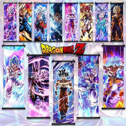 Vibrant dragon ball goku and vegeta canvas scroll anime wall art printed on fabric with black metal hanging rods