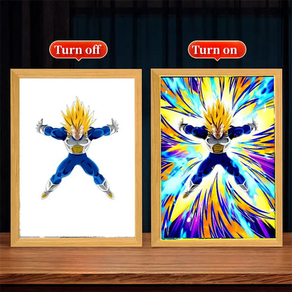 Dragon ball vegeta super saiyan light-up framed poster with vibrant energy effects in a blue purple yellow frame moon lamp