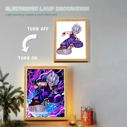 The dragon ball goku vegeta led frame moon lamp features an electric blue and purple light painting of goku super saiyan