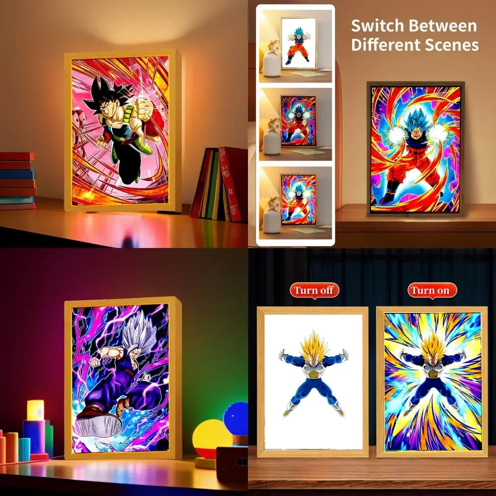 Rectangular wooden-framed dragon ball led light frame moon lamp with vibrant goku and vegeta anime artwork and glowing effects