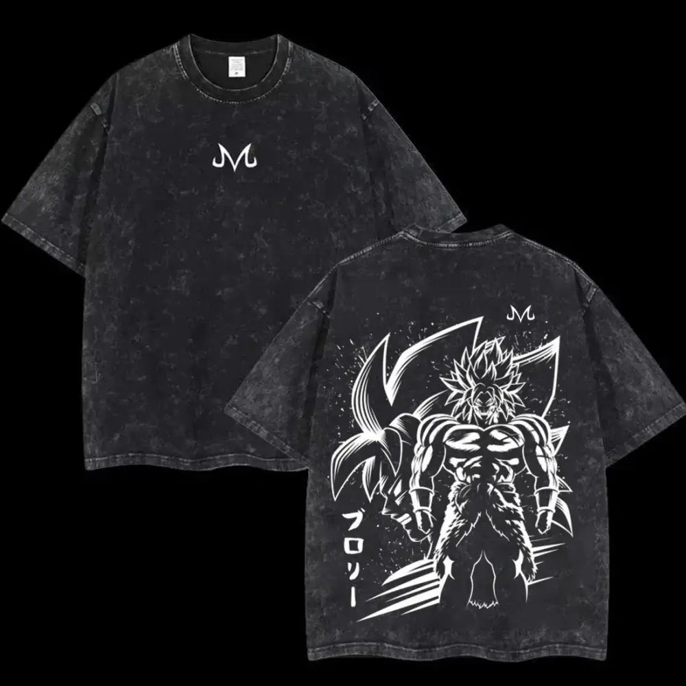 Black distressed cotton loose fit t-shirt with broly white line-art on back and stylized m logo on front
