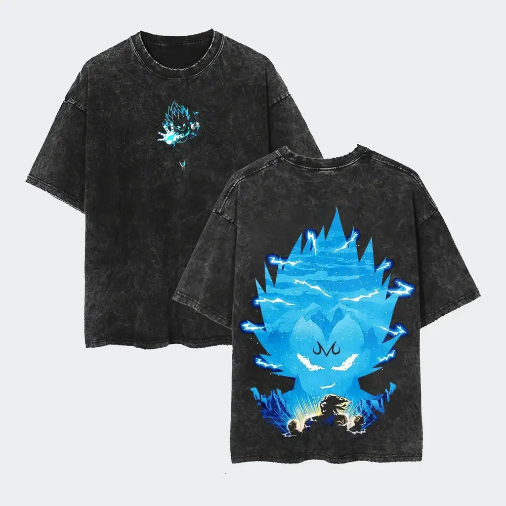 Black distressed dragon ball goku washed t-shirt back side with vibrant blue lightning design soft cotton loose fit