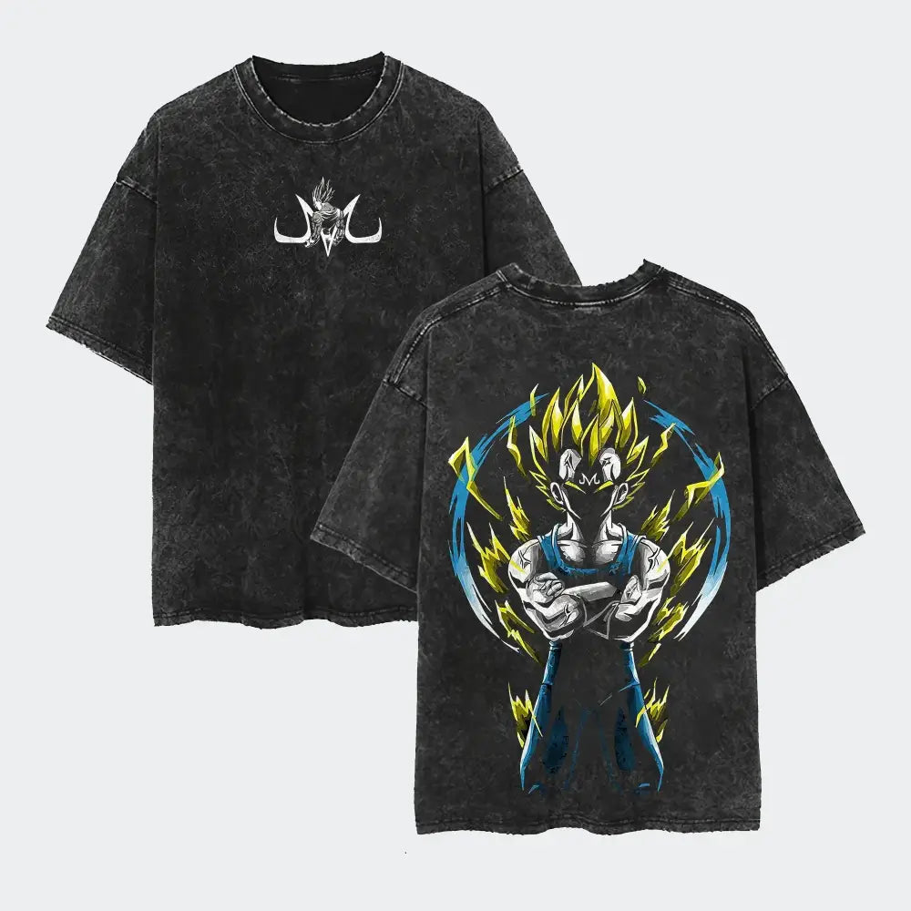 Black distressed cotton loose fit t-shirt with vibrant yellow and blue super saiyan vegeta graphic on the back and white logo on front