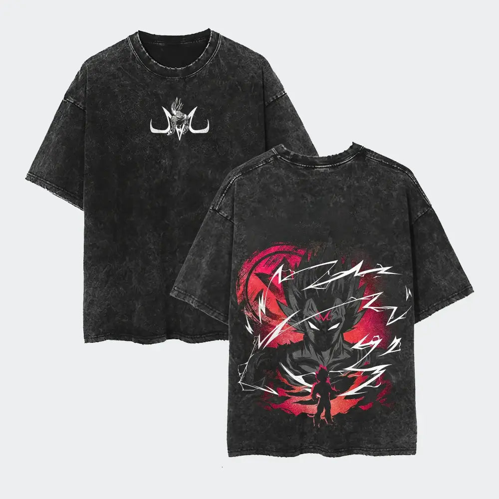 Black distressed cotton loose fit t-shirt with soft cotton front logo and bold goku super saiyan blue graphic on back