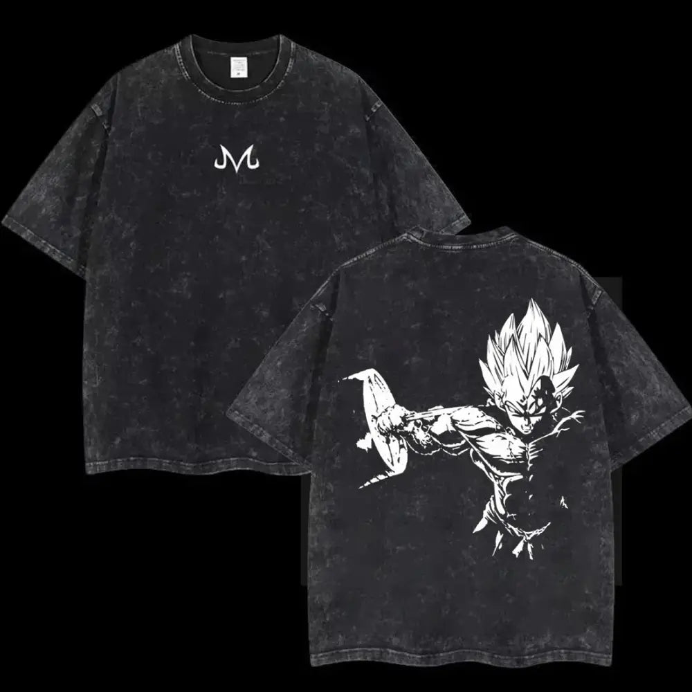 Black distressed cotton loose fit t-shirt featuring white line-art goku super saiyan graphic on back and stylized m logo front