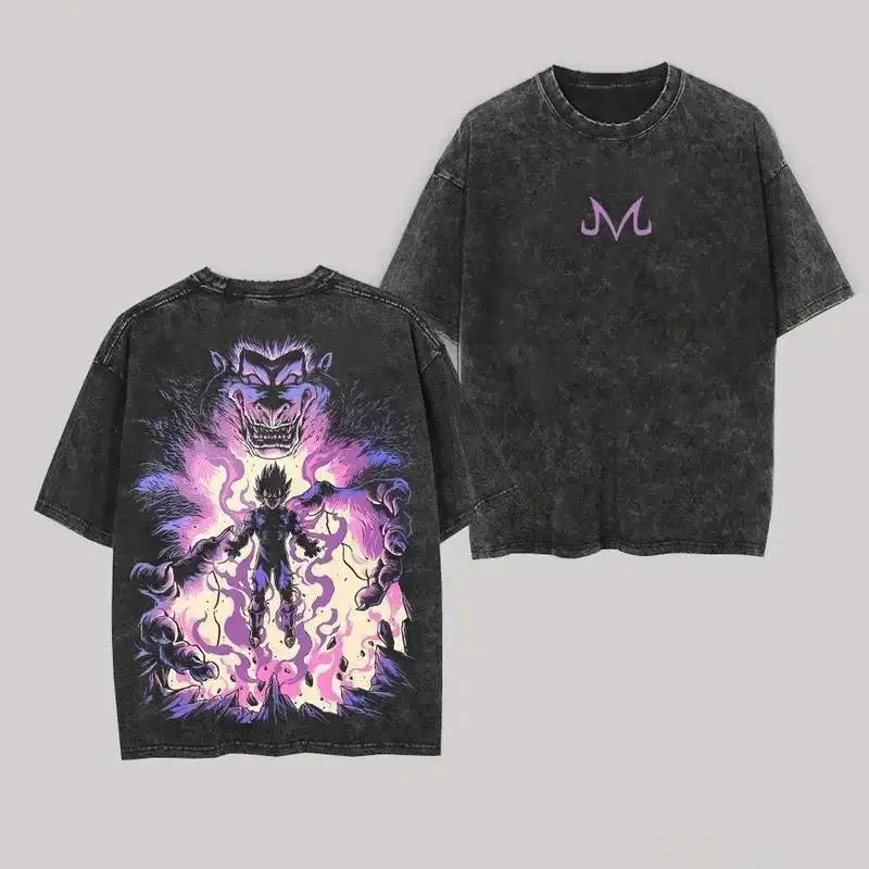 Black distressed cotton loose fit t-shirt featuring vibrant purple and pink goku graphic on back with subtle m logo on chest