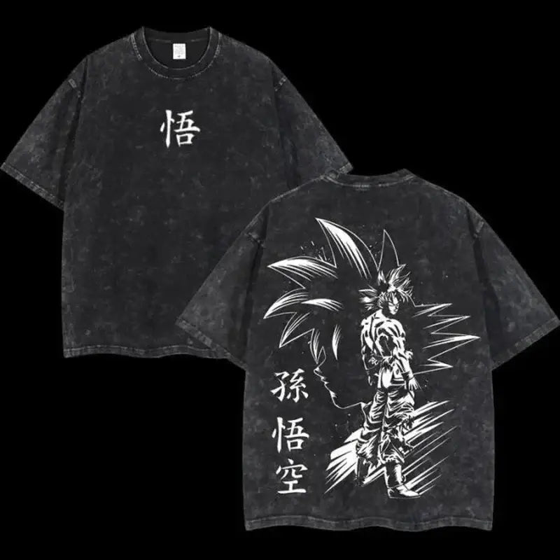 Black distressed cotton loose fit t-shirt with white goku line art and chinese characters on the back and front design